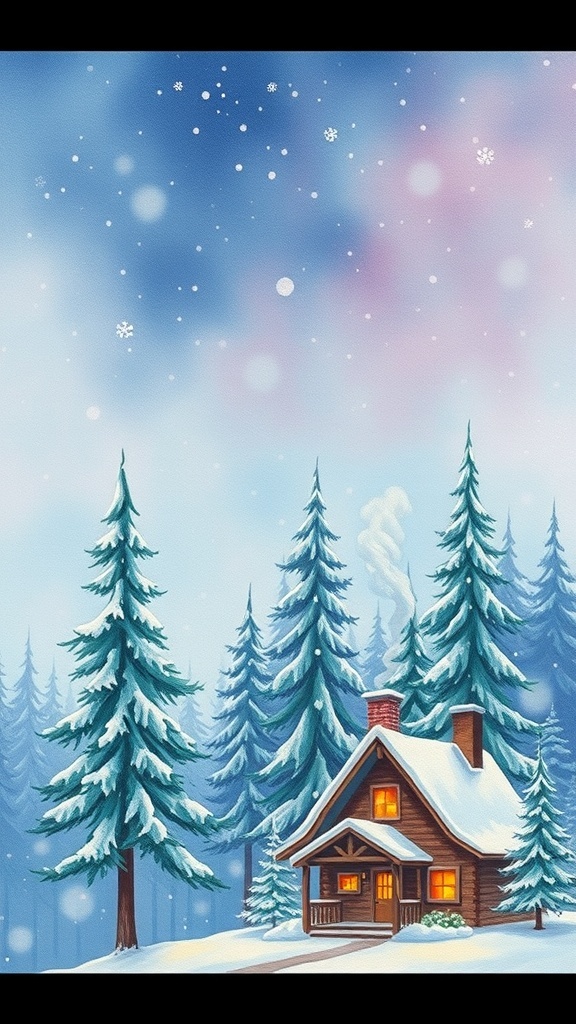 Aquarelle painting of a snowy Christmas landscape with a cabin and pine trees.
